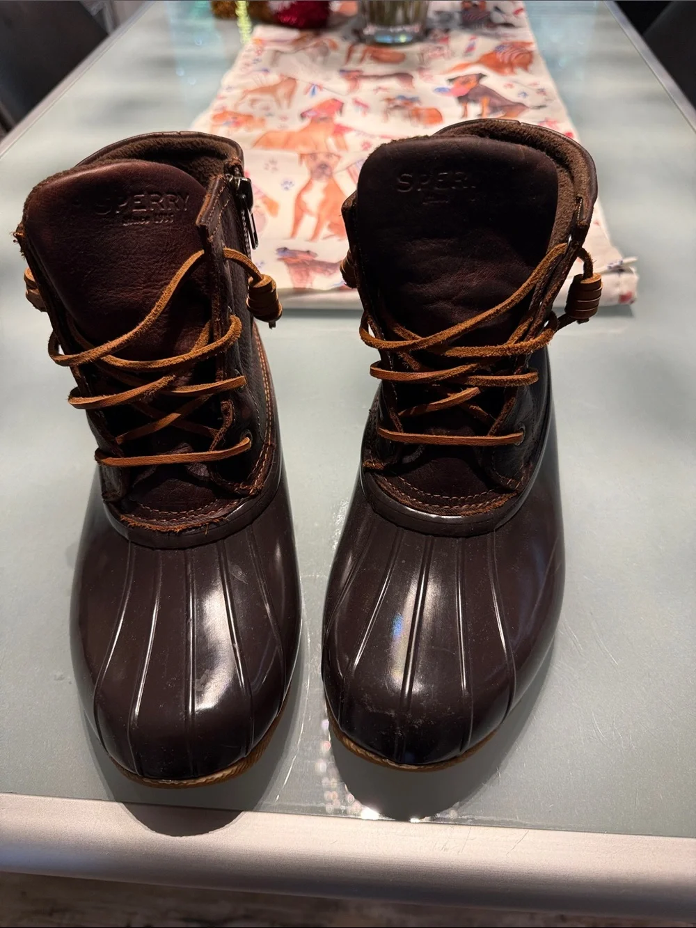 Sperry Brown Leather and Rubber Lace-Up Rain Boots